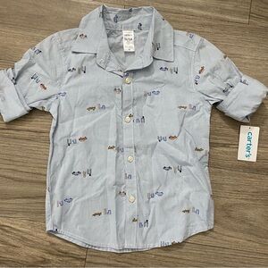 Carter's Pale Blue Short-Sleeve Button-Up with Tiny Vehicle Print